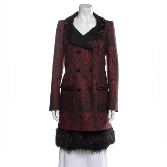Roberto Cavalli wool printed pea coat with fox fur bottom